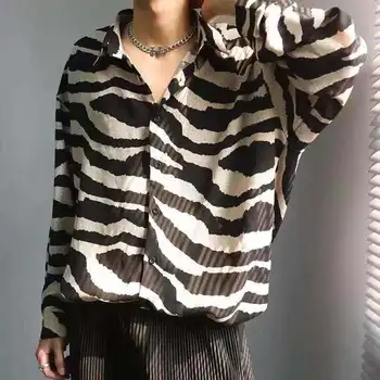2021 koreai Stílusú Férfi Zebra Nyomtatás Hosszú Ujjú Póló, Laza Chiffon Fény Luxus Retro Hajtóka Ing Camisa Masculina