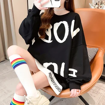 #5601 Fekete Fehér Szürke Betűkkel Nyomtatott Melegítőfelső Nők Harajuku Streetwear Hamis Két Darab Hosszú Pulóver Női Laza 