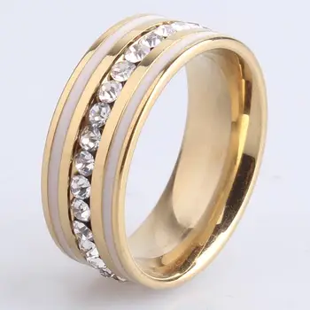 8 mm-es, arany színű Fehér Csíkos sorban kristály 316L Rozsdamentes Acél gyűrűk ujját a férfiak, a nők, nagykereskedelmi