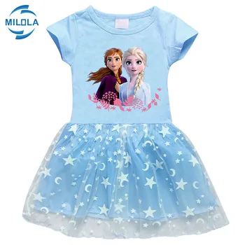 A Disney Új Kislány Nyári Princess Dress a Lányok Rajzfilm Fagyasztott Elsa Nyomtatás Rövid ujjú Háló Ruhák Gyermekek Party Ruha