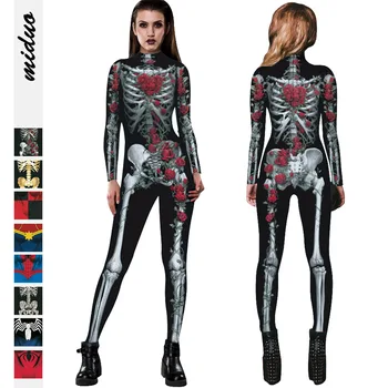 A nő 3d Koponya Digitális Nyomtatás Kezeslábas Cosplay Nadrág Pók Nő Body Feszes Ruhát Halloween Jelmezek