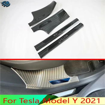 A Tesla Model Y 2021 Autó Tartozékok Rozsdamentes Acél Belső Belső Ajtó Küszöb Panel Papucs Lemez Kick Lépés Berendezés Fedelét Protector