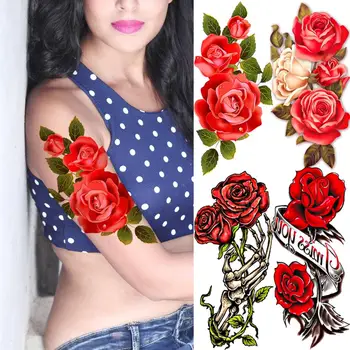 Akvarell Rózsa Virág Ideiglenes Tetoválás A Nők, Felnőtt Lány Leveleket Koponya Hamis Tetkó Vízálló Body Art Festmény Tetoválás Matrica