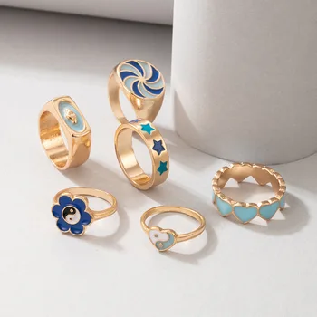 Aranyos INS y2k Gyűrű Kék Csepp Olajat Szív Tai Chi Megfelelő Feliratos Vaskos Gyűrű Készlet Tini Lányok koreai Trend Nagykereskedelmi Ékszerek