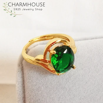 Charmhouse Tiszta Arany Színű Gyűrű Női Sárga Arany GP Zöld Cirkónium-oxid Ujj Gyűrű Bague Femme Anillo jegygyűrű Ékszer
