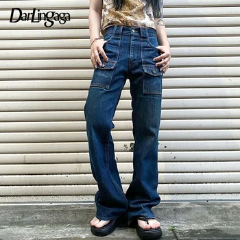 Darlingaga Vintage Y2K Alacsony Emelkedik Jeans Női Zsebbel koreai Divat Kék Farmer Nadrág Alkalmi Lobbant Farmer Esztétikai Ruhát Capri