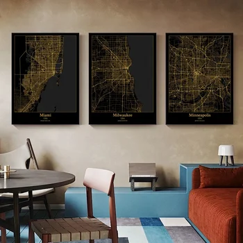 Egyesült Államok Miami-Milwaukee Város,Minneapolis, Mobil,Nashville-ben ,New Orleans,Oklahoma City,Omaha Fekete arany vonal Térkép Poszter