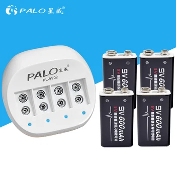 Eredeti PALO 9V Akkumulátor Töltő Tölthető 6F22 9V Lithium-ion Akkumulátor+4db 9V 600mAh Li-ion Akkumulátorok