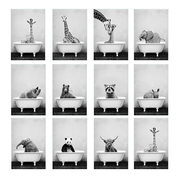 Fekete-Fehér Állat, Elefánt, Oroszlán, Panda Zsiráf Fürdőszoba Káddal Wall Art Dekoráció Poszter Vászon Nyomtatás Óvoda Kép