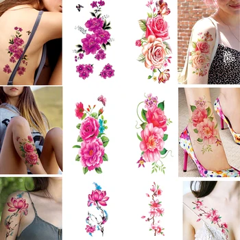 Forró 1DB Vízálló Virág Nők tetoválás matrica, színes vázlat, virág, rózsa, bazsarózsa, szilva Ideiglenes matrica
