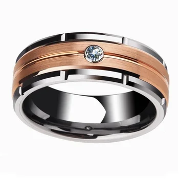 Férfi divat, esküvői gyűrű, 8 mm-es dupla groove ferde acél gyűrű rózsa arany drót rajz intarziás cirkon gyűrű, születésnapi ajándék, ékszer