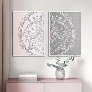 Gradiens Rózsaszín Szürke Mandala Poszter Absztrakt Vászon Bohém Wall Art Print Festmény Dekorációs Kép Modern Nappali Dekoráció