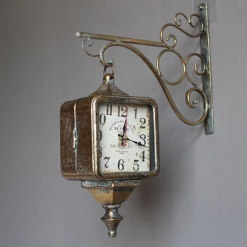 Kétoldalas Kívül falióra Vintage Retro Antik Szögletes falióra Ipari Design Lelkipásztori Horloge Murale Órák EB50WC