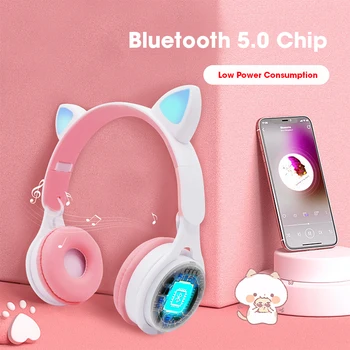 LED-Bluetooth-Fejhallgató, Összecsukható, Rózsaszín, Aranyos Macska Füle Sztereó Fejhallgató Vezeték nélküli Szerencsejáték Zenét Fülhallgató Mikrofon Színes Fény