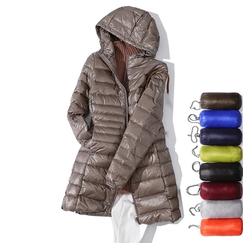 Matt Szövet Őszi Hosszú Kabát Női Téli Ultra Könnyű Kabát Női Kapucnis Kabát Le Női Kabátok Nagy