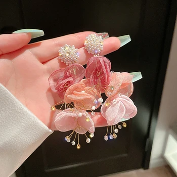 MENGJIQIAO koreai Édes Rózsaszín Fonal Virág Hosszú Csepp Fülbevaló Női Hölgyek Elegáns Gyöngy, Gyöngyök Oorbellen Ünnepi Ékszerek Ajándékok