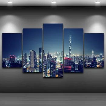 Nem Bekeretezett Dubai Város Éjszakai Jelenet 5 darab Wall Art Vászon Nyomtatás, Plakátok, Festmények, Festmény Nappali, lakberendezés Képek