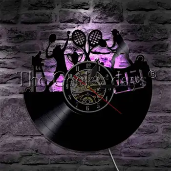  Női Tenisz Játékos Sziluett Bakelit lemez falióra, LED-es Háttérvilágítás Tenisz Ütő Játék Bíróság Labdát LED-es Éjszakai Fény