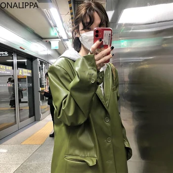 ONALIPPA Őszi Női Kabátok koreai Elegáns Vintage Ruha Gallér Három Gomb Minden Mérkőzés Laza Laza, Hosszú Ujjú PU Bőr Kabát