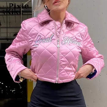 PixieKiki Levelet Hímzett Rózsaszín Steppelt Kabát Streetwear Y2k Ruhát Zipup Kabátok Női 2021 Kawaii Felsőruházat P85-EC28