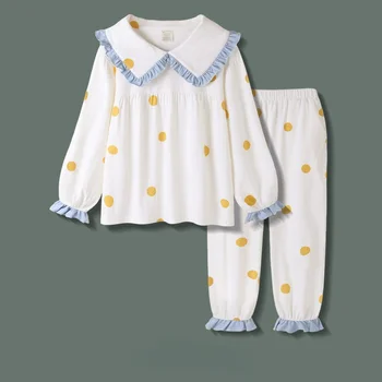 QWEEK Aranyos Pizsama Női kétrészes Szett Pöttyös Fodros Pijamas Haditengerészet Gallér Hálóruházat Loungewear Tavaszi Őszi Pizsama