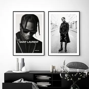 Rap Sztár Scott Travis Rapper, Hip-Hop Divat Poszter Fekete-Fehér Art Print Északi Vászon Festmény Modern Fali Kép Lakberendezés