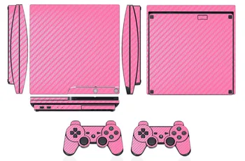 Rózsaszín Szénszálas Vinil-Bőr Matrica fólia Sony PS3 Slim PlayStation 3 Slim, 2 vezérlő bőr Matricák