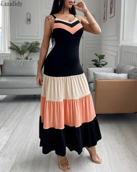 Spagetti Pánt Colorblock Ruched Fodor Maxi Ruha