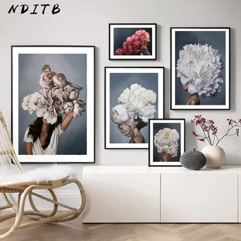 Toll Virág Nő Fejét, Vászon Poszter Északi Absztrakt Wall Art Print Festmény Modern Dekoratív Képet Nappali Dekoráció