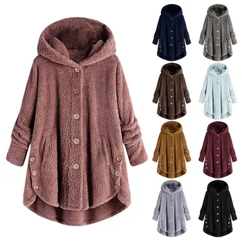 Téli Női Kabát, Meleg Plüss Egyszínű Laza Pulcsit Műszőrme Kabátot Szabálytalan Hosszú Ujjú Gombot Outwear Hölgyek Parka Kabát