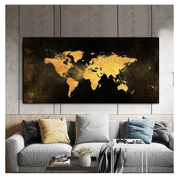 vászon festmény plakát nyomtatott Északi Freskó kép dekoráció Absztrakt fekete arany világ térkép