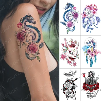 Vízálló Ideiglenes Tetoválás Matrica Dragon Rose Macska Egyszarvú Dreamcatcher Flash Tetoválás Boszorkány Kígyó Teste Művészeti Kar Hamis Tetoválás A Nők
