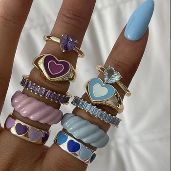 Zománc Színes Gyűrűk Meghatározott MODULOK Divat Szív Cukorka Színű Fém Szív A Nők Vintage Csepp Olaj a Gyűrűk Ujját, Ékszerek