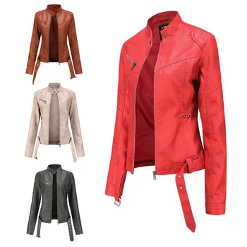 Új Európai Kabát Rövid Öv Nők Nagy Vékony Pu Műbőr Kabát Állni Gallér Vékony Divat Y2k Plus Size Motoros Kabát