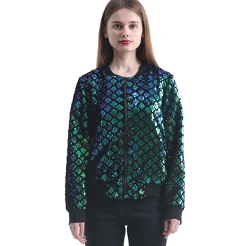 Őszi Nők Sequin Kabát, Zöld Bomber Kabát, Hosszú Ujjú Cipzár Streetwear Tunika Laza Alkalmi Női Alapvető Kabát