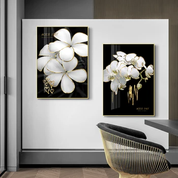 Fekete, Fehér Virágok, Poszter Arany Luxus Vászon Nyomtatás Modern Lakberendezés Wall Art Festmény Északi Dekorációs Kép Nappali