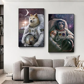 Kreatív Kutya-Majom Űrhajós Az Űrben Vászon Festmény Északi Vicces Plakát Nyomtatás Wall Art Kép a Gyermek Hálószoba, lakberendezés